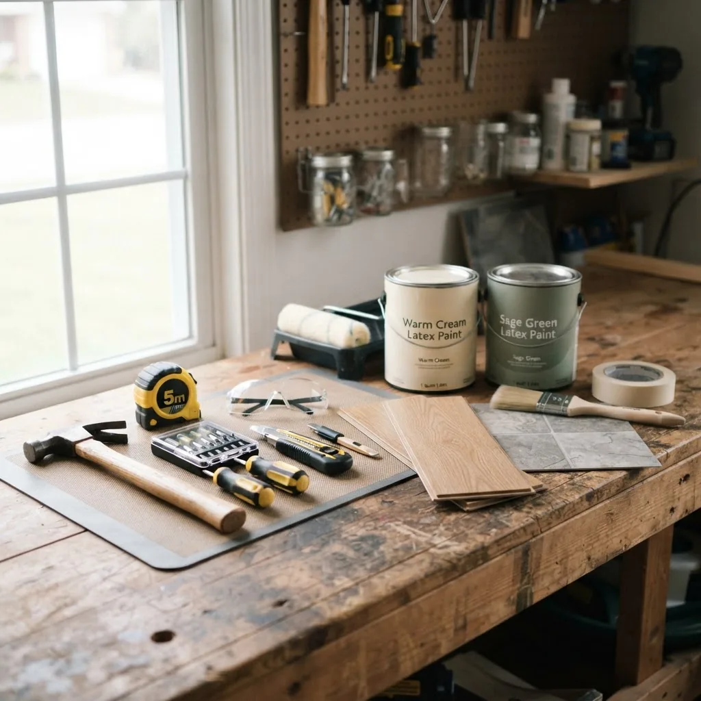 neatly arranged assortment of affordable DIY home improvement tools laid out on a wooden workbench, including a paint roller, measuring