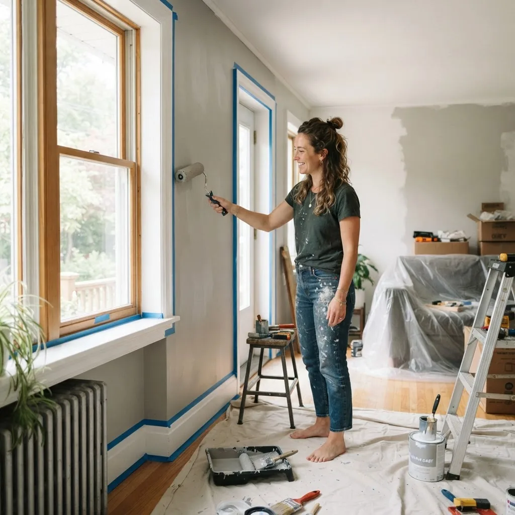 bright, well-lit living room mid-renovation showing a homeowner painting a wall with painter’s tape applied around trim, casual daylight