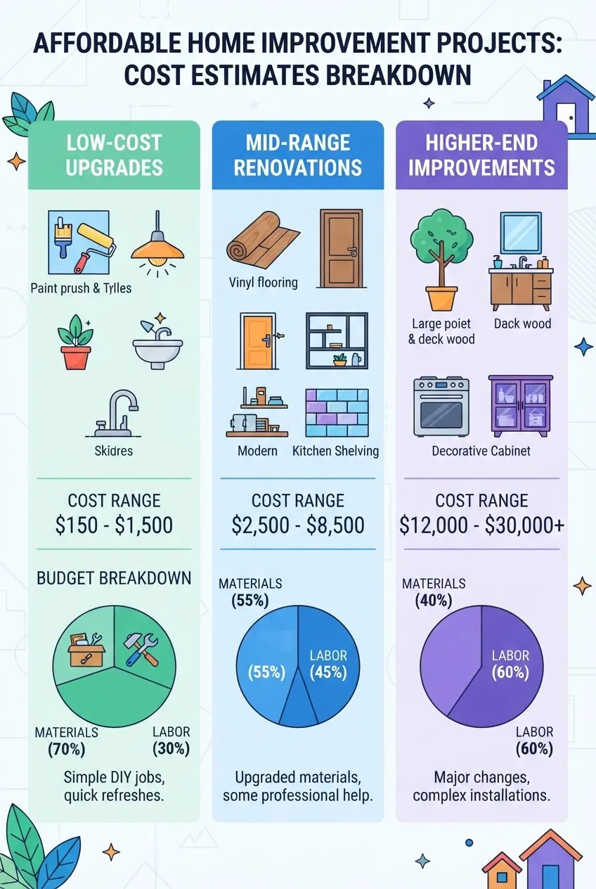 featuring a three-column breakdown of low, mid, and higher-end cost estimates for common affordable home improvement projects, each column