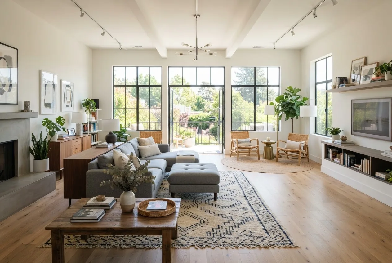 A spacious, long rectangular living room with modern sectional sofa, area rugs defining seating zones, natural light streaming through