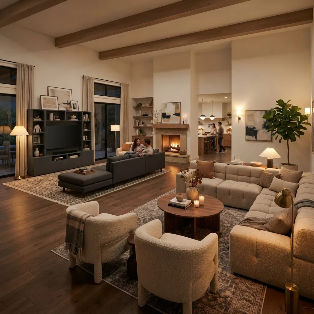 A large living room featuring modular furniture arranged to create distinct conversation and TV zones, warm ambient lighting, tasteful