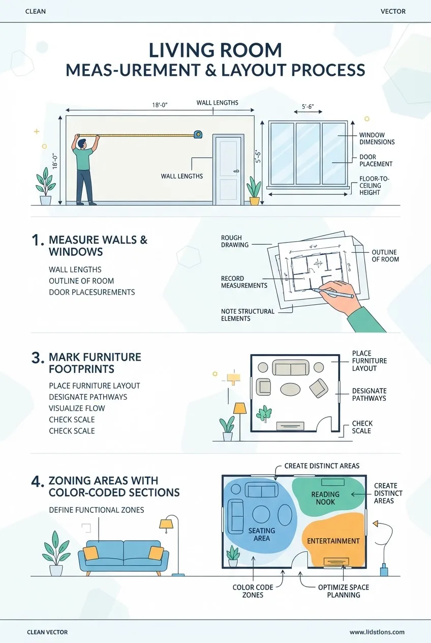 A step-by-step infographic showing measurement process of a large living room: 1) measuring walls and windows, 2) sketching floor plan, 3)