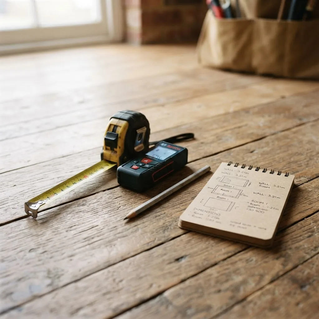 a close-up photograph of measuring tools laid out on a wooden floor including a retractable tape measure, laser distance meter, pencil and