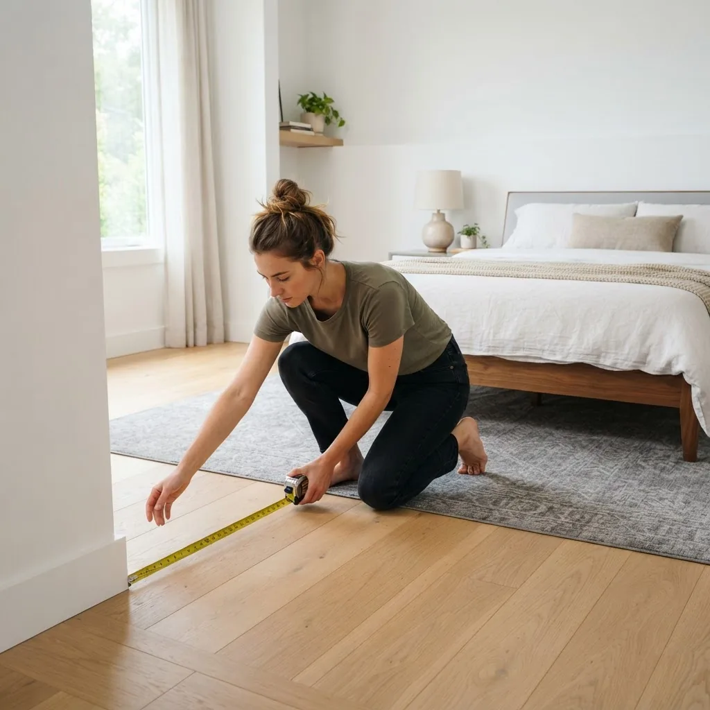 a bright, well-lit modern bedroom interior viewed from corner angle showing a person using a tape measure along the floor and wall