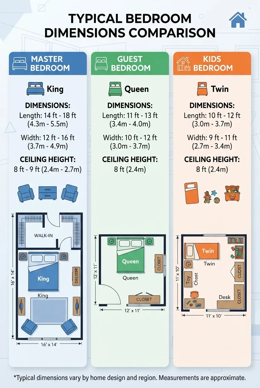 compares typical bedroom dimensions with three columns labeled “Master Bedroom,” “Guest Bedroom,” and “Kids Bedroom,” each showing typical