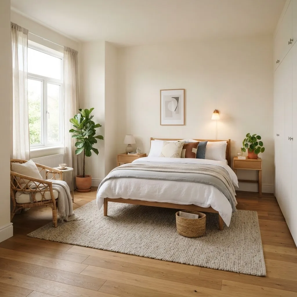 A bright, medium-sized rectangular bedroom shown from a corner angle with minimalist furniture arranged for optimal flow, clearly depicting