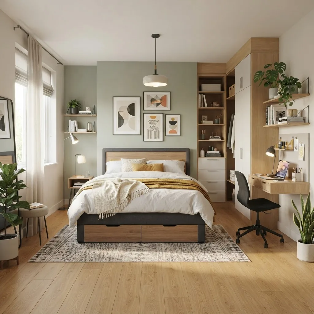 A contemporary bedroom interior from a straight-on perspective featuring multifunctional furniture including a bed with storage drawers, a