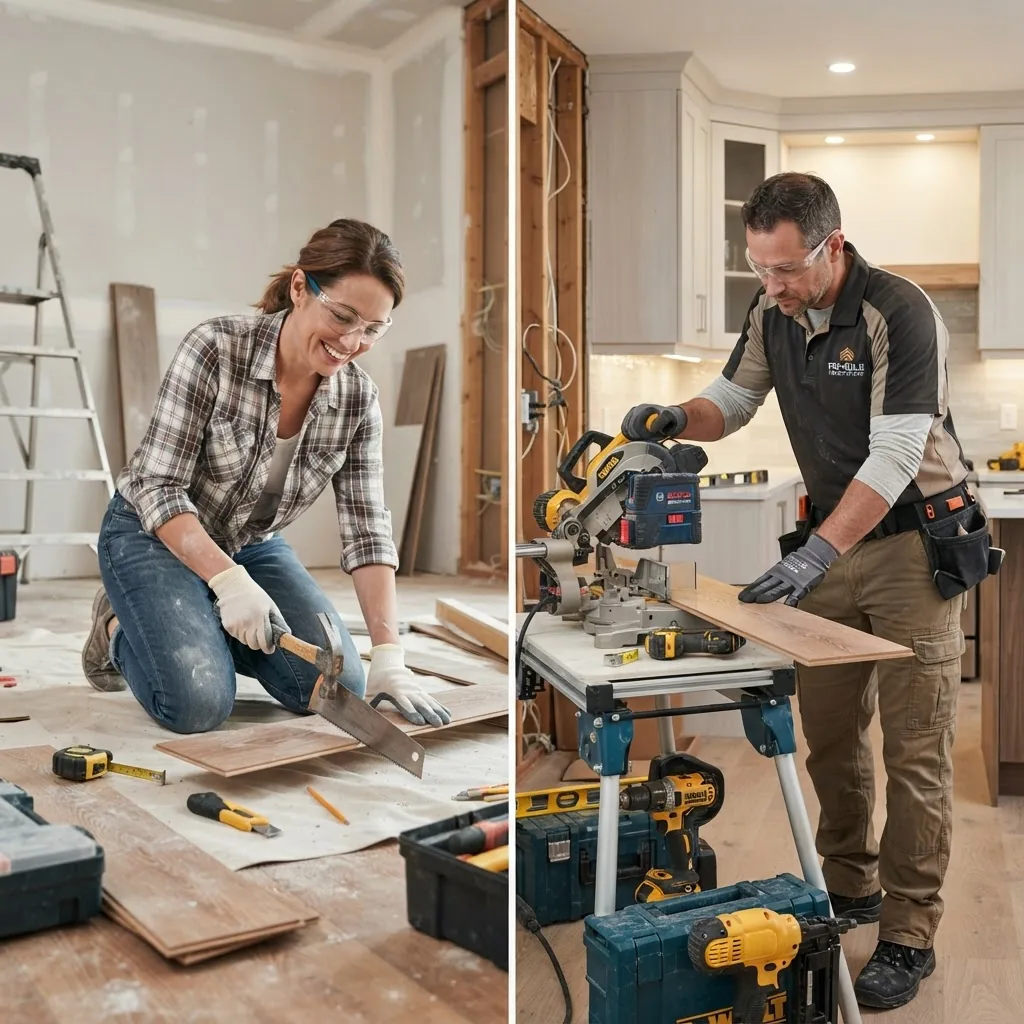 a homeowner using basic tools on one side (DIY renovation) and a professional contractor working with advanced equipment on the other side,