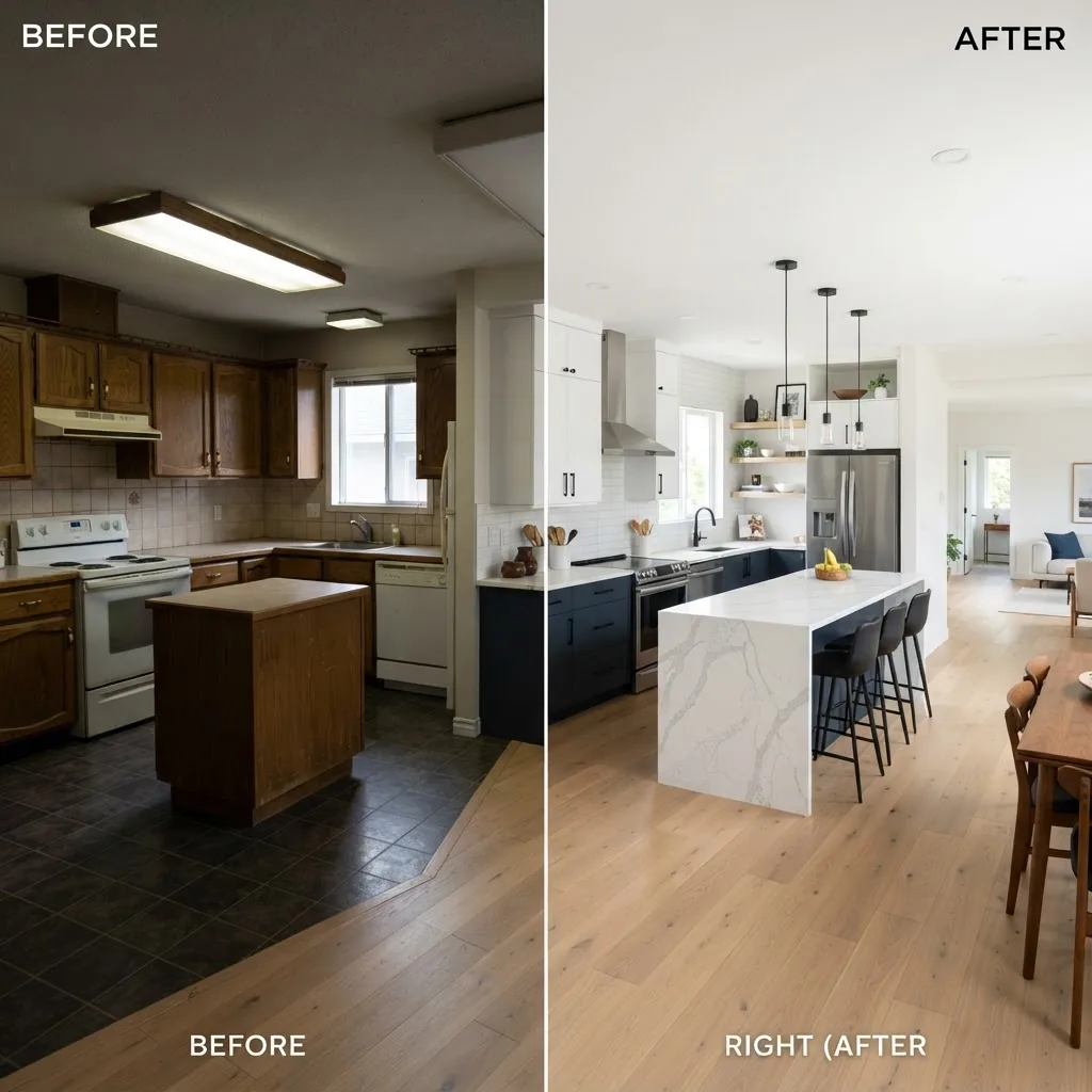 bright, well-lit modern kitchen before and after renovation, showing upgraded cabinets, countertops, and flooring from a slightly elevated