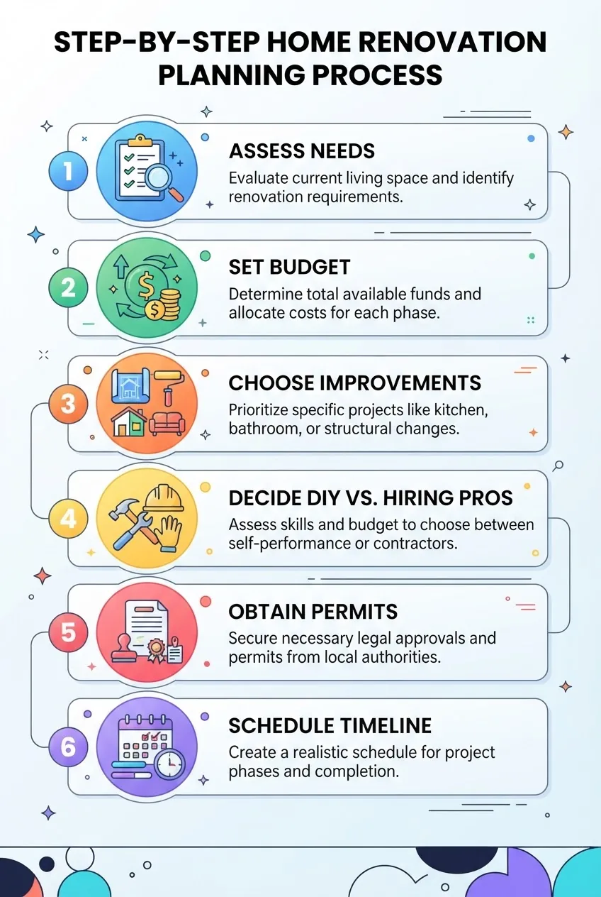 displays a step-by-step home renovation planning process: 1) Assess needs (icon of checklist), 2) Set budget (icon of dollar sign), 3)
