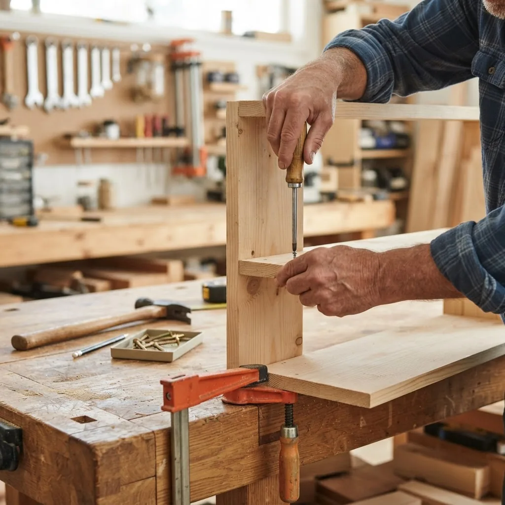 close-up of hands assembling a simple wooden shelf with basic tools on a clean workbench, including clamps, hammer, and screws, under