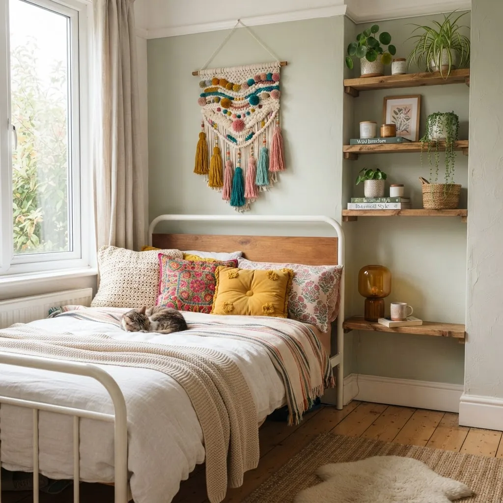 bright, cozy bedroom corner featuring handmade decorative pillows, a colorful DIY wall art piece above the bed, soft natural lighting, and