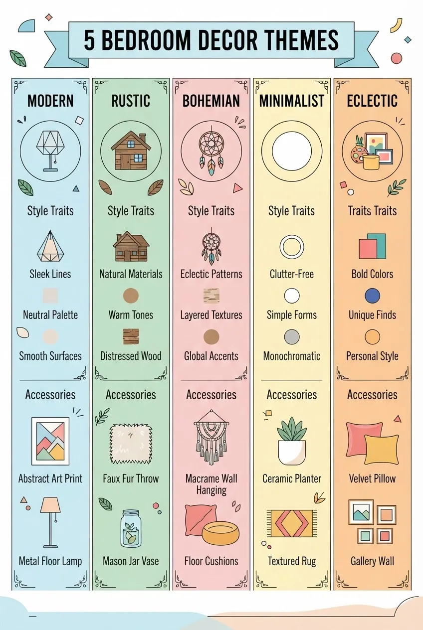 A vertical infographic with five columns representing bedroom decor themes: Modern, Rustic, Bohemian, Minimalist, and Eclectic. Each column