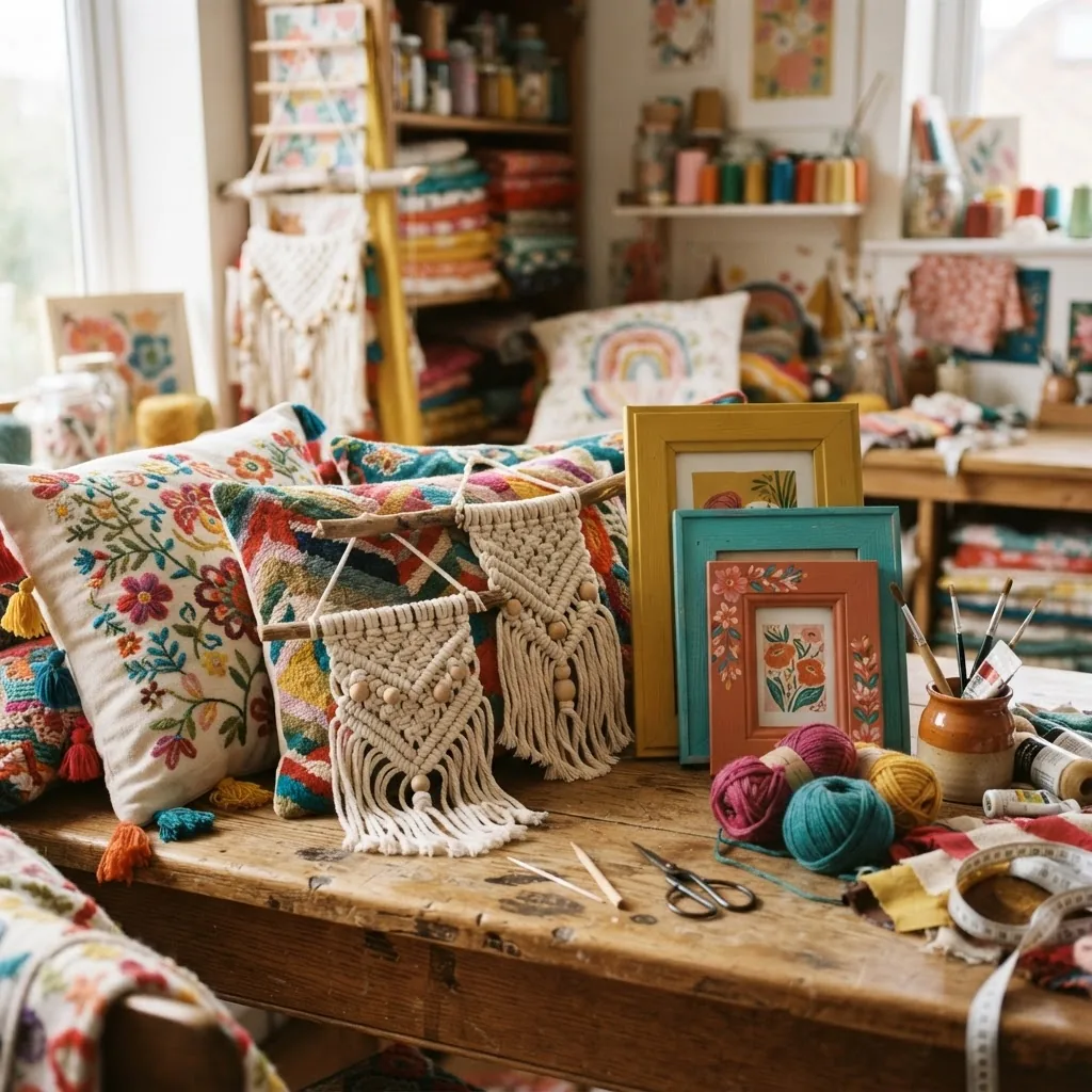 close-up of a variety of colorful homemade home decor accessories such as decorative cushions, painted picture frames, and small macrame