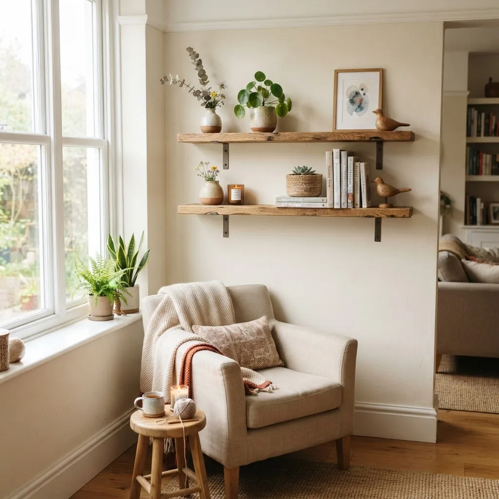 bright, inviting living room corner featuring a handcrafted wooden shelf with handmade accessories like vases and small plants, natural