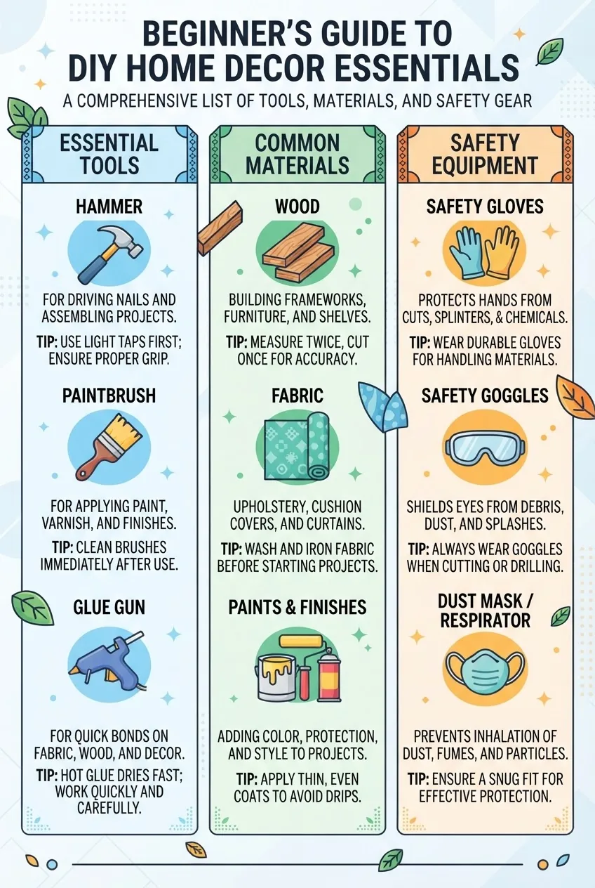 shows a three-column layout listing essential DIY home decor tools (hammer, paintbrush, glue gun), common materials (wood, fabric, paints),