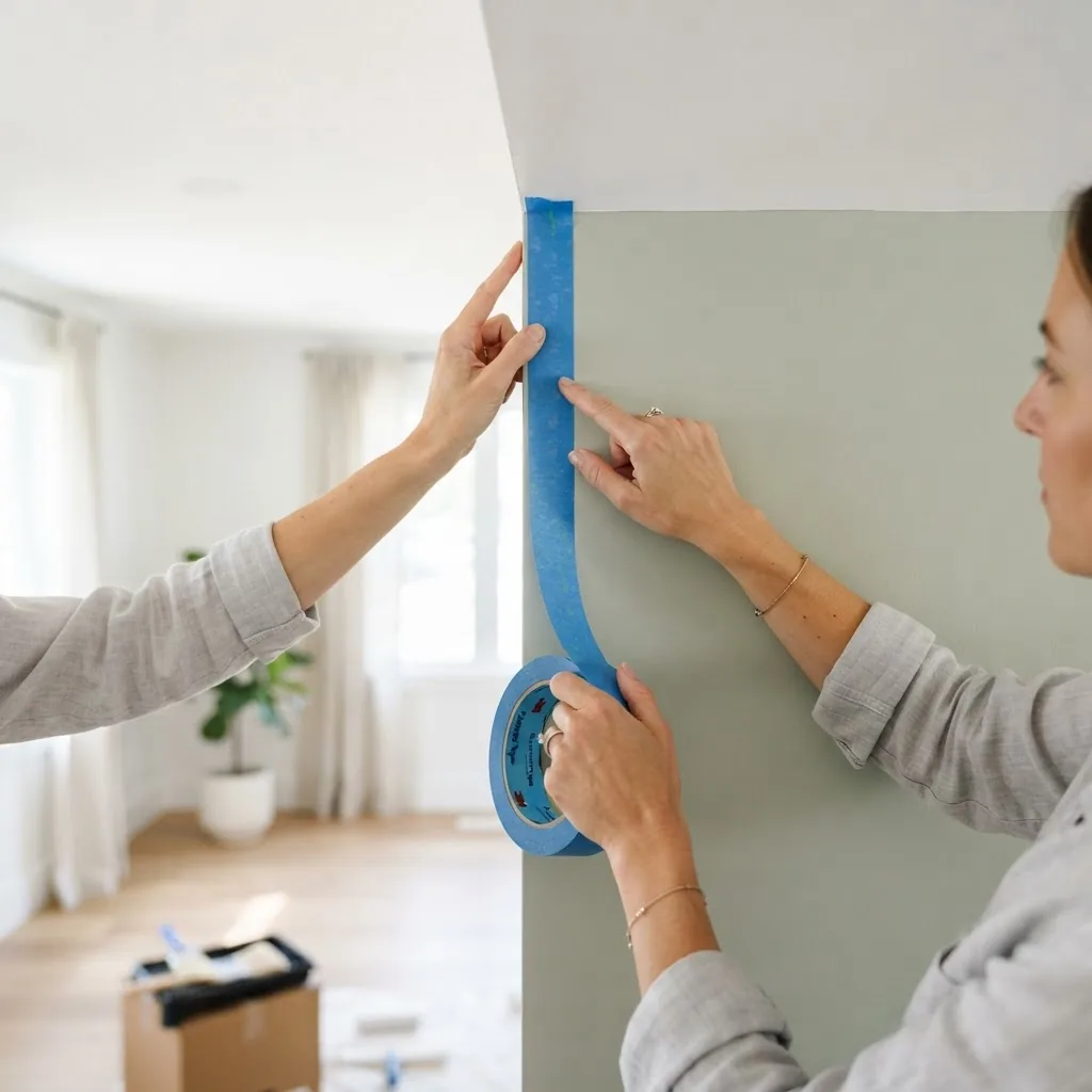 a person applying painter’s tape along a wall edge preparing to paint, showing detailed focus on hands, tape, and a smooth painted surface,