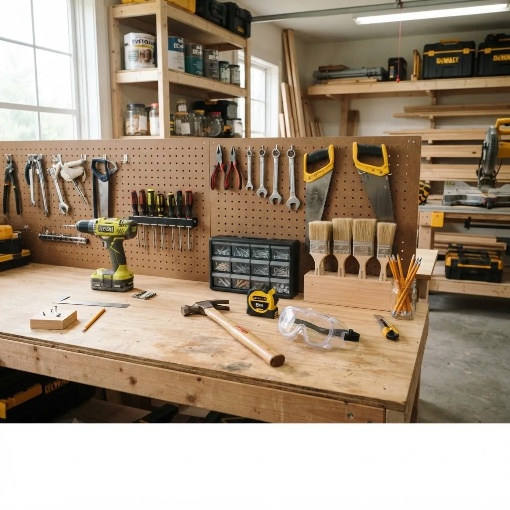 a neatly organized workbench with a variety of essential DIY tools including a cordless drill, hammer, measuring tape, safety goggles,