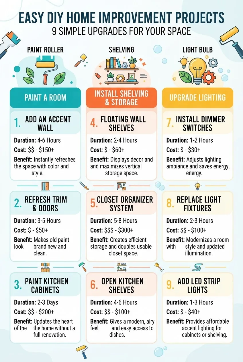 with a three-column layout presenting 9 easy DIY home improvement projects (3 per column). Each column features an icon (paint roller,