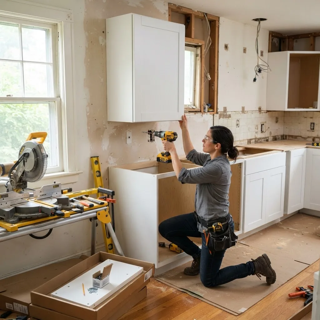 mid-renovation kitchen DIY project showing a person installing new cabinetry, with visible tools, partially removed old fixtures, natural