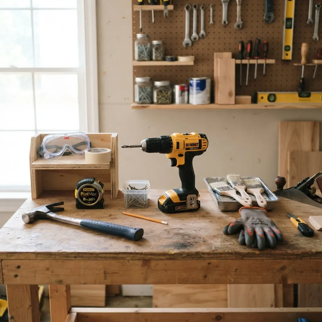 well-organized workbench featuring essential DIY home renovation tools including a cordless drill, hammer, measuring tape, safety goggles,