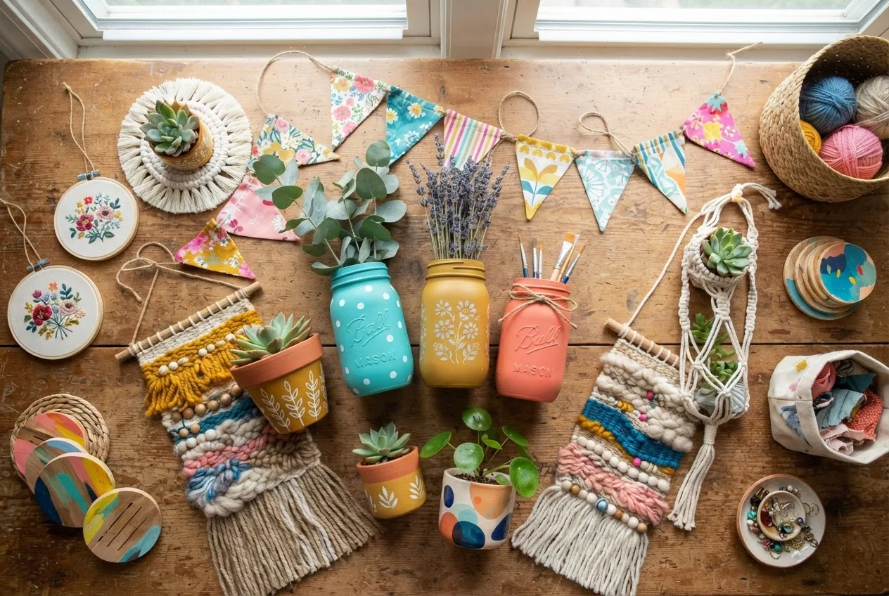 A vibrant, well-lit overhead photo of various handmade home decor crafts laid out on a wooden table, including painted mason jars, woven