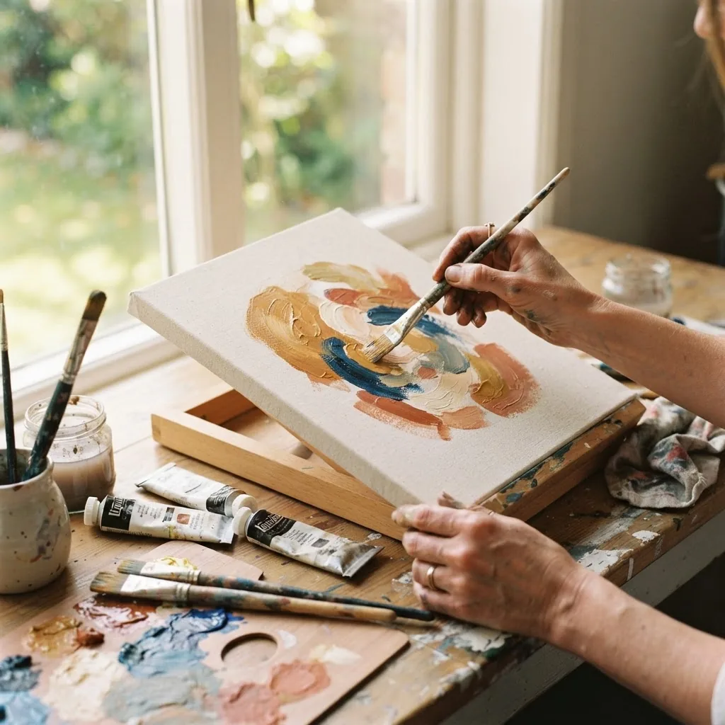 Close-up shot of hands painting a simple abstract design on a stretched canvas with natural daylight streaming from a nearby window,