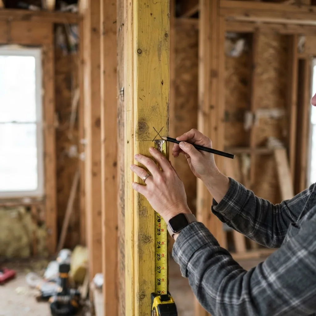 Close-up of a homeowner measuring and marking wooden studs during the framing stage of a home remodel, daylight lighting, focused on hands