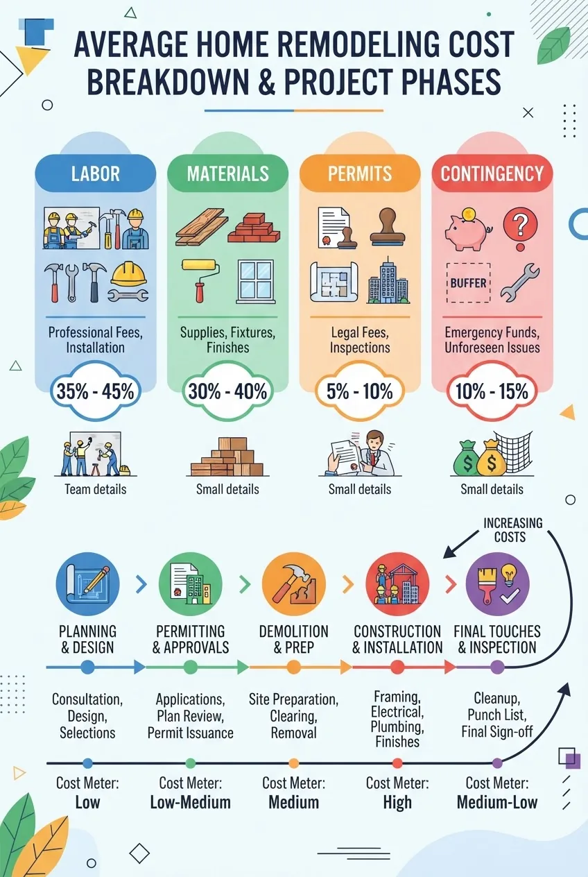 A clean infographic with 4 columns representing major cost categories: labor, materials, permits, and contingency; each with icons and