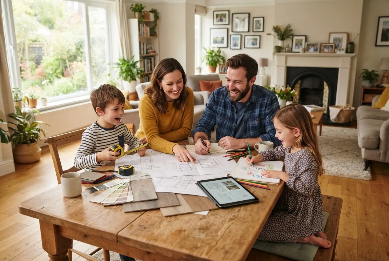 a warm, inviting scene showing a family planning a home improvement project around a table with blueprints and tools, natural daylight