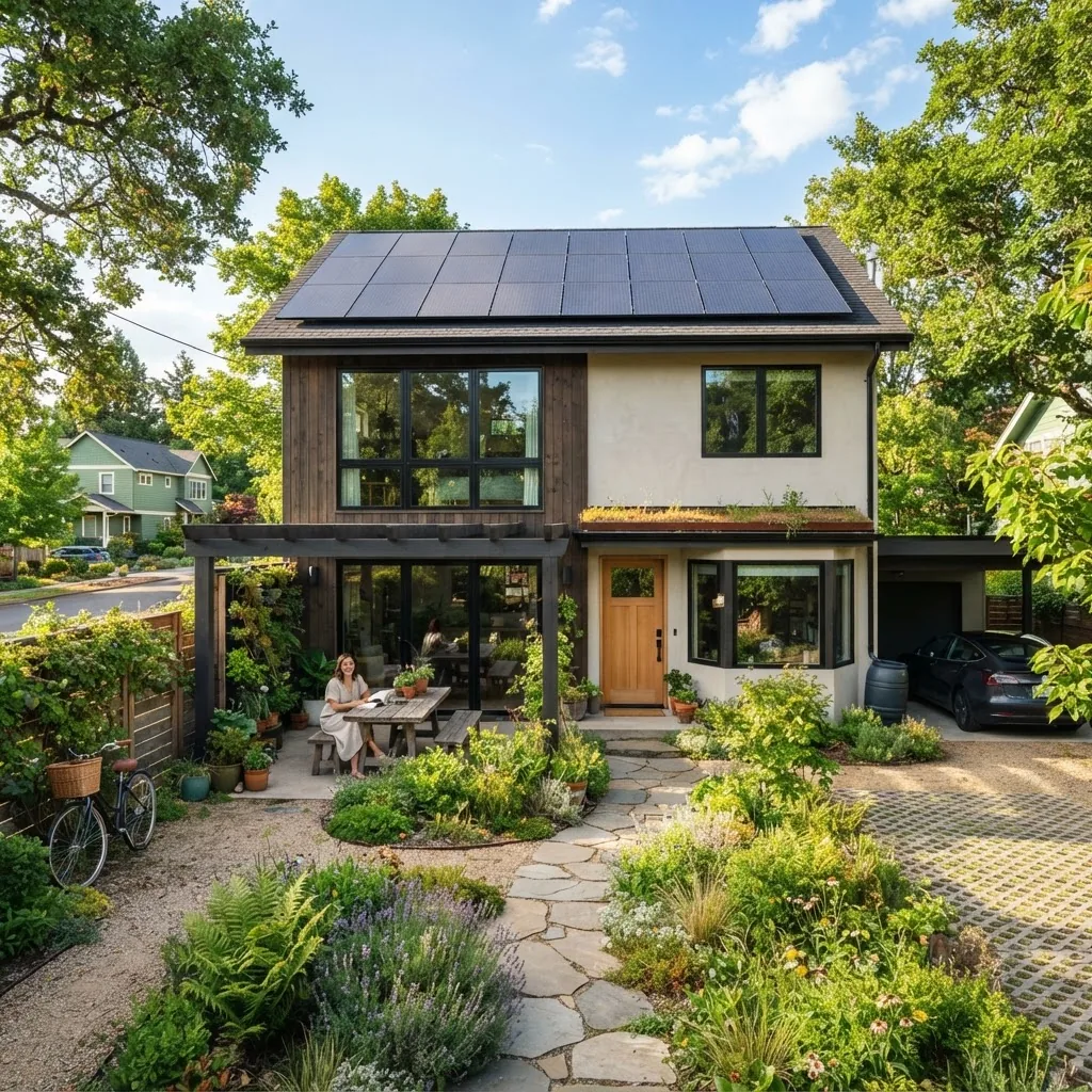 a modern home exterior with visible solar panels, lush greenery, and eco-friendly windows, photographed in bright daylight, emphasizing