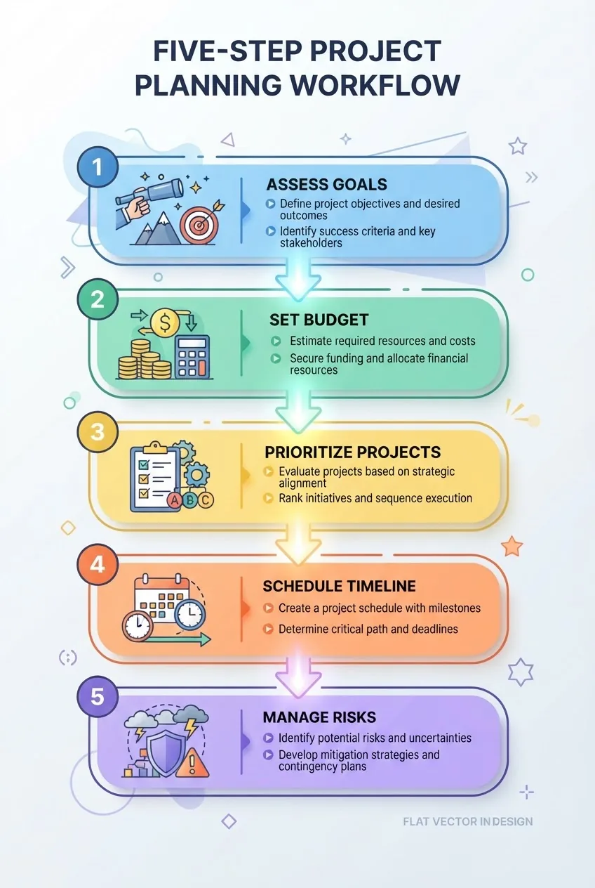 shows a five-step vertical flowchart: 1) Assess Goals, 2) Set Budget, 3) Prioritize Projects, 4) Schedule Timeline, 5) Manage Risks; each