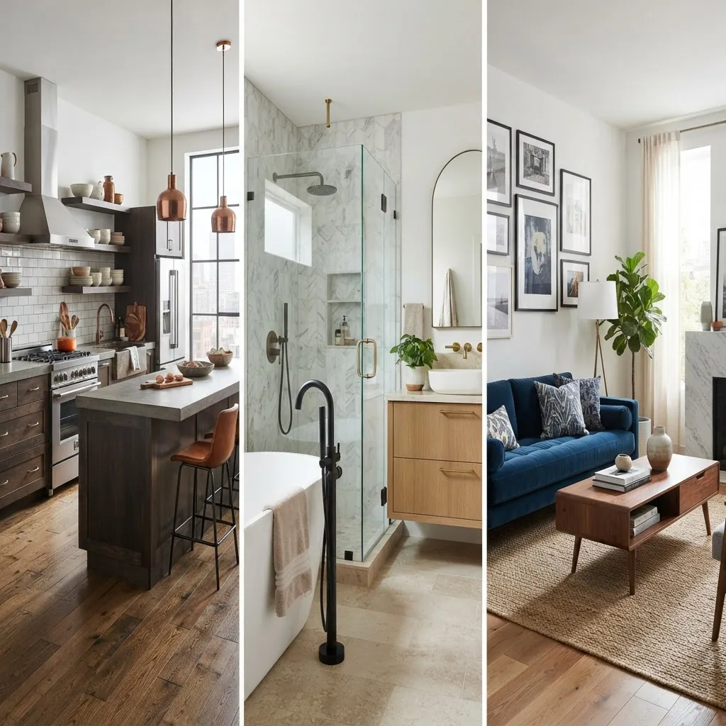 A collage showing distinct styled kitchen, bathroom, and living room interiors side-by-side to represent different remodeling areas;