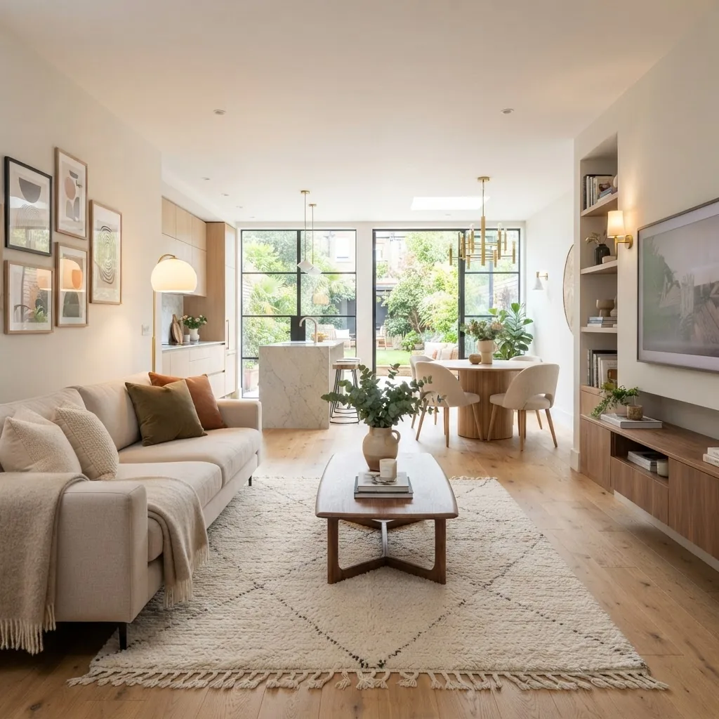 A bright, modern living room interior showing harmonious color scheme, layered lighting, and open space flow; photo taken from a frontal