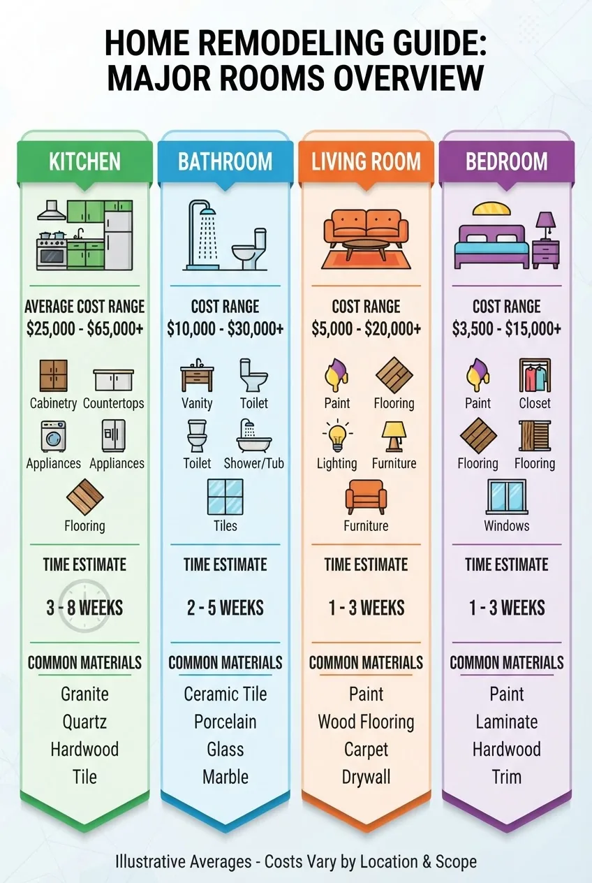 A clear infographic with a horizontal layout dividing major home rooms (kitchen, bathroom, living room, bedroom) with icons and average