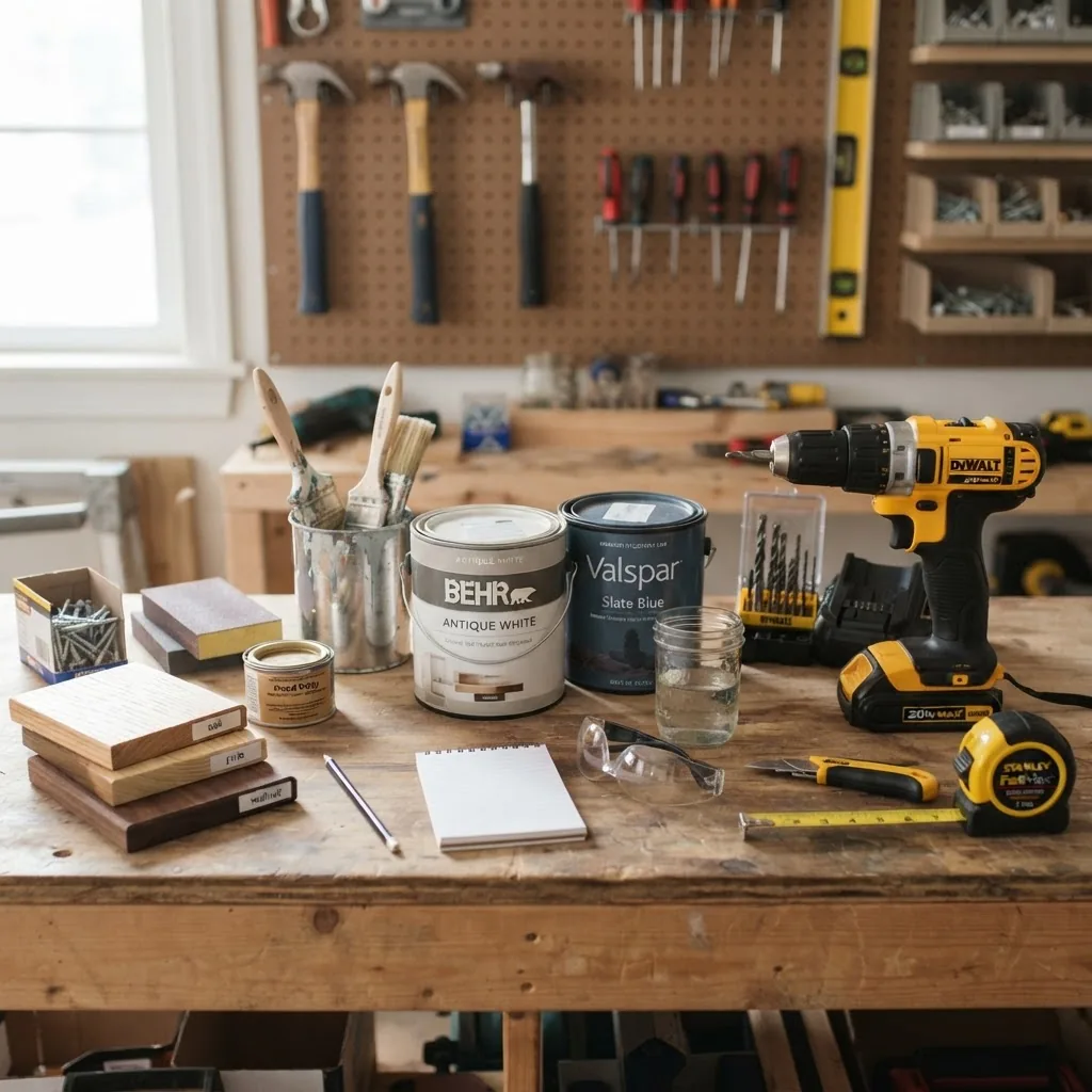 Close-up image of an organized assortment of affordable home renovation materials and tools on a workbench, including paint cans, brushes,