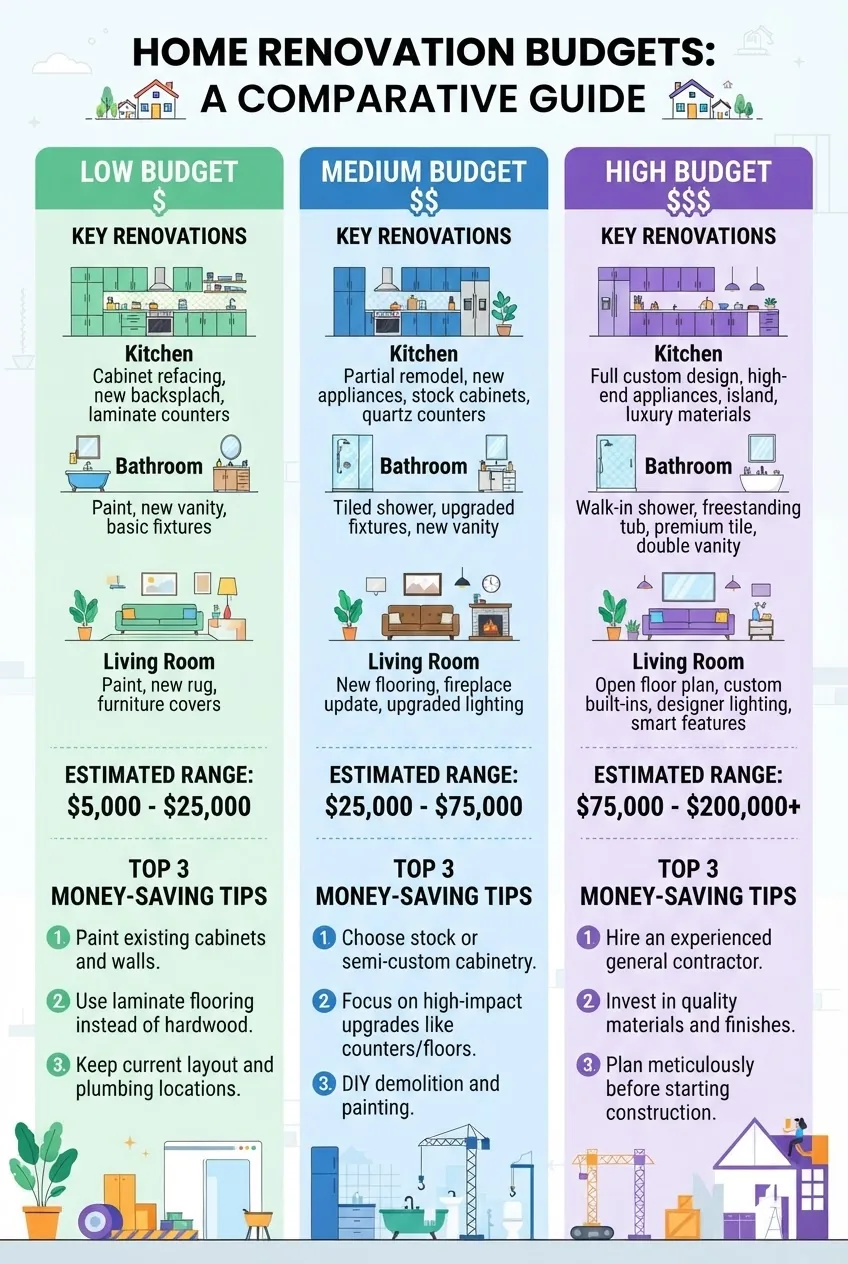 A visually clear, three-column infographic comparing three budget levels for home renovations: low, medium, and high budgets, each with