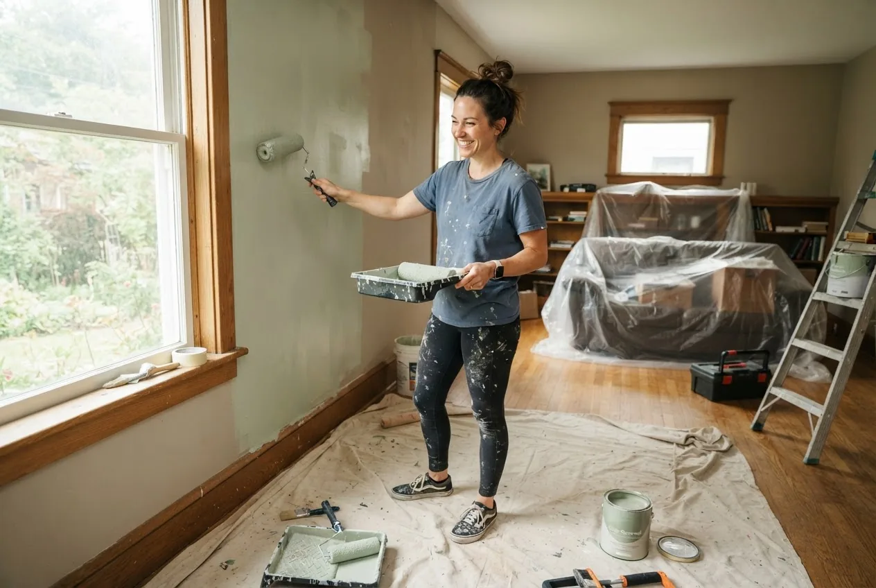 A bright, inviting interior space mid-renovation showing a homeowner with paint rollers and drop cloths, natural daylight filling the room,