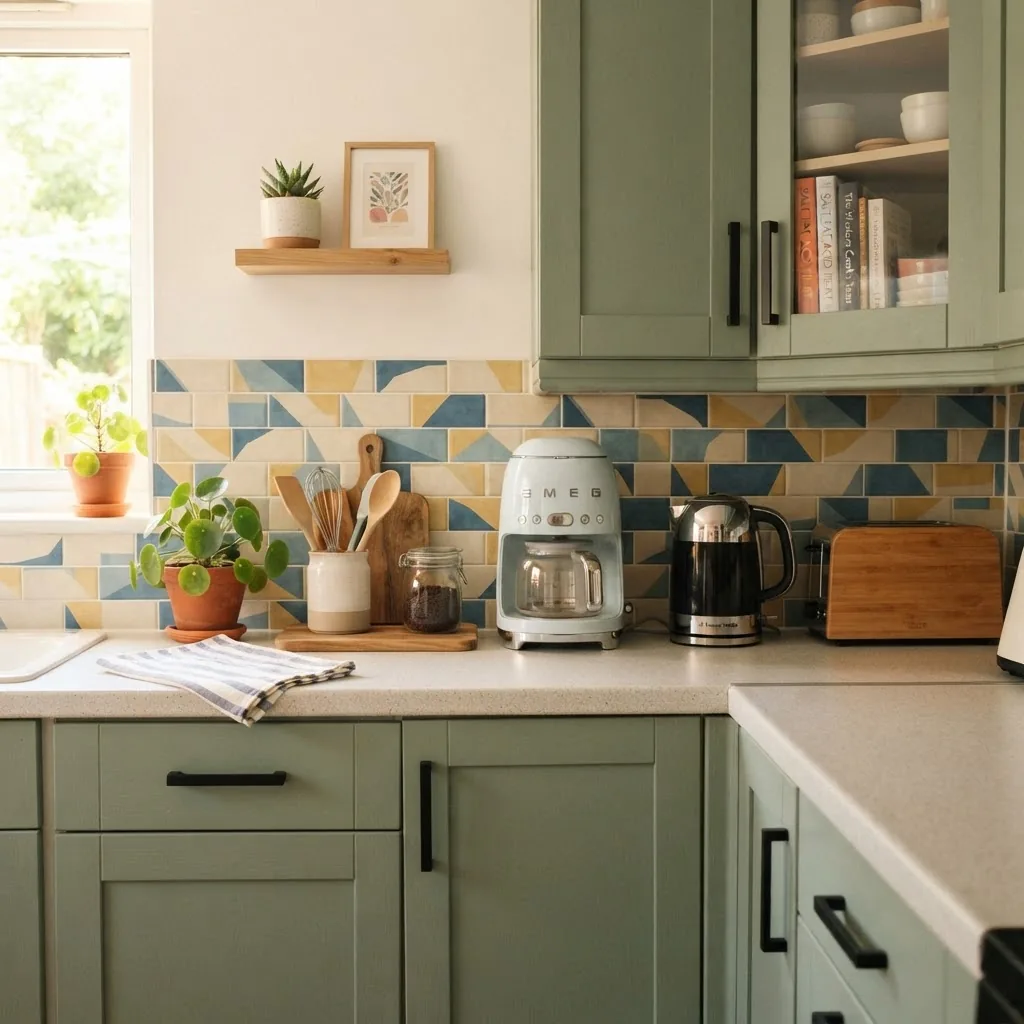 Close-up shot of a modern kitchen corner featuring affordable upgrades: newly painted cabinets with fresh hardware, a colorful budget