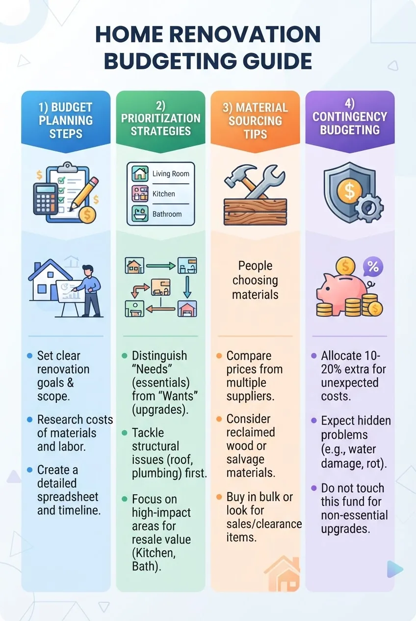 An infographic with four vertical sections illustrating: 1) Budget planning steps (icon of calculator and checklist), 2) Prioritization