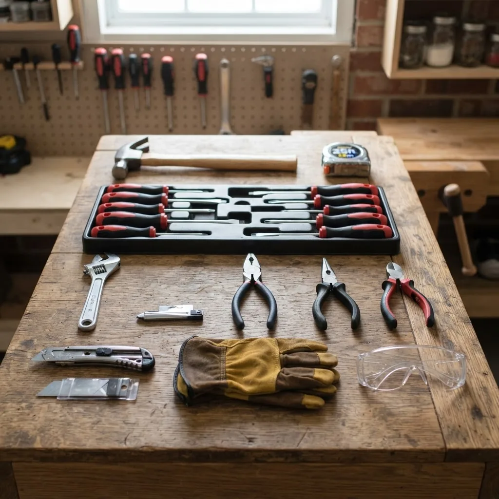 essential home repair tools including hammer, screwdriver set, pliers, wrench, utility knife, gloves, safety glasses on a wooden workbench