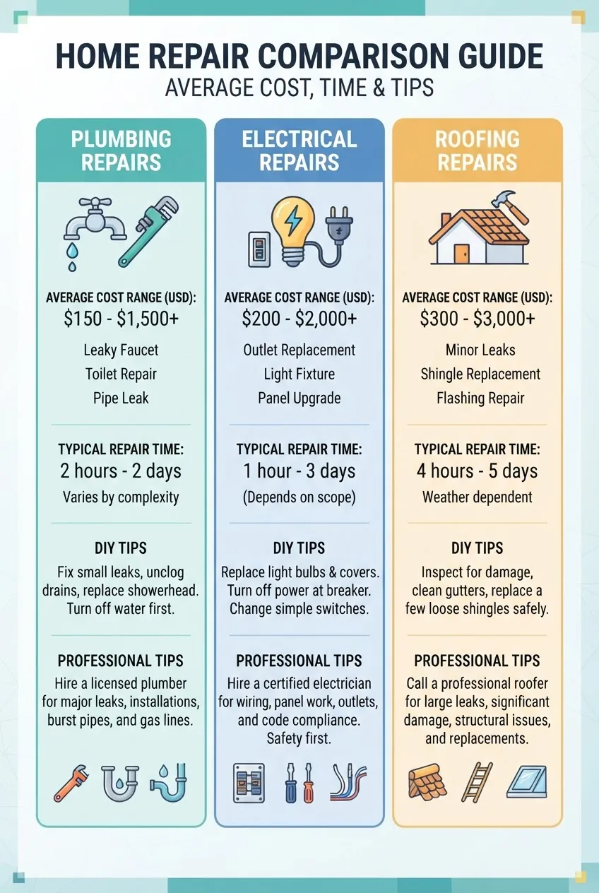 compares common home repair types (plumbing, electrical, roofing) with average cost ranges in USD, typical repair time, and DIY versus
