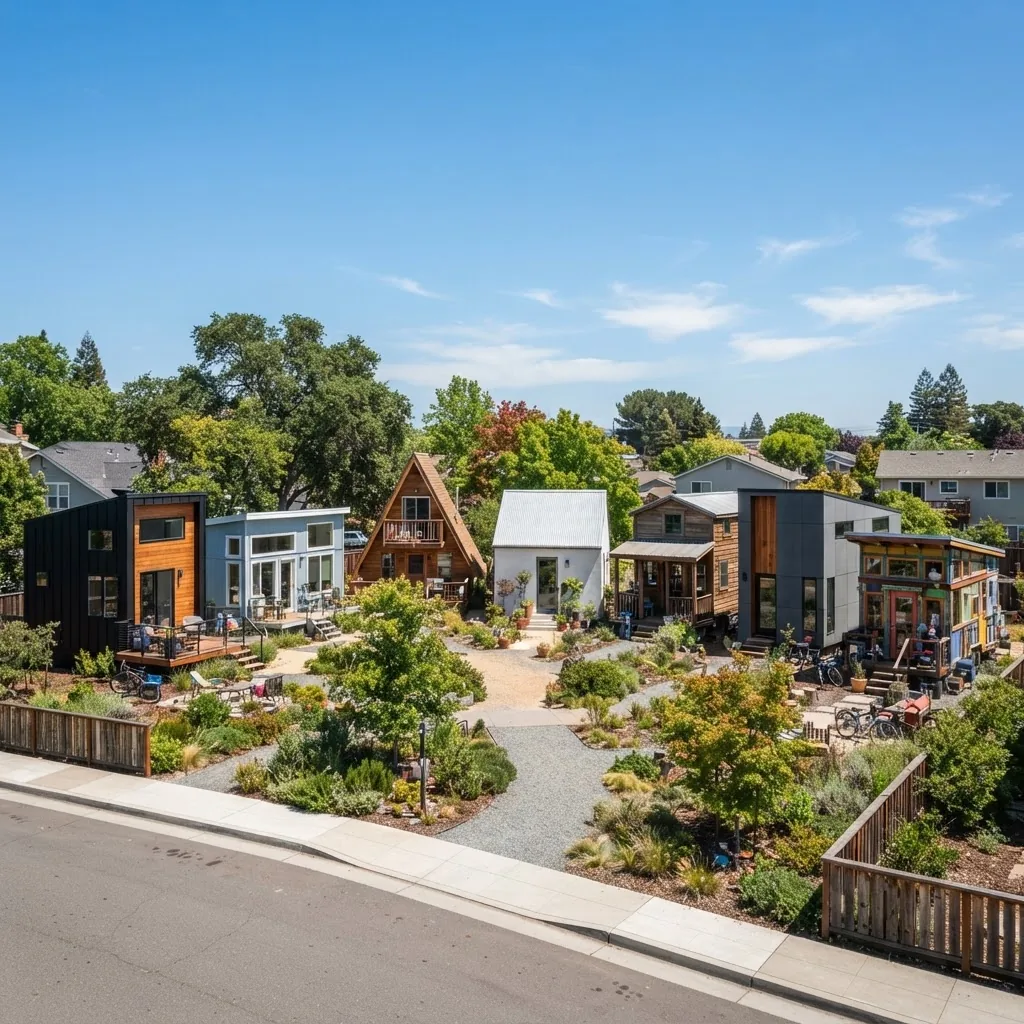 A bright photo showing a variety of small prefab and modular tiny homes in a suburban setting, captured in daylight with clear sky,