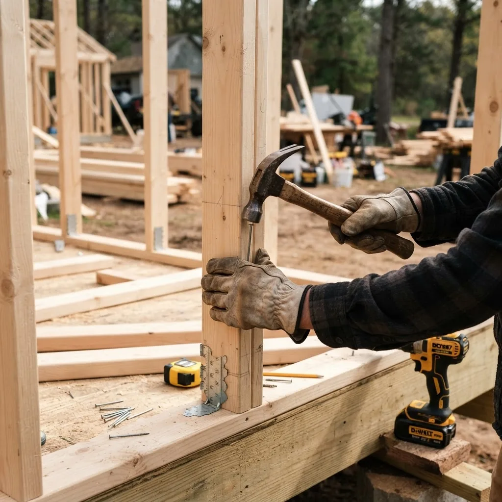 Close-up image of hands assembling a wooden frame of a small house kit on a construction site, natural lighting, showing nails, tools