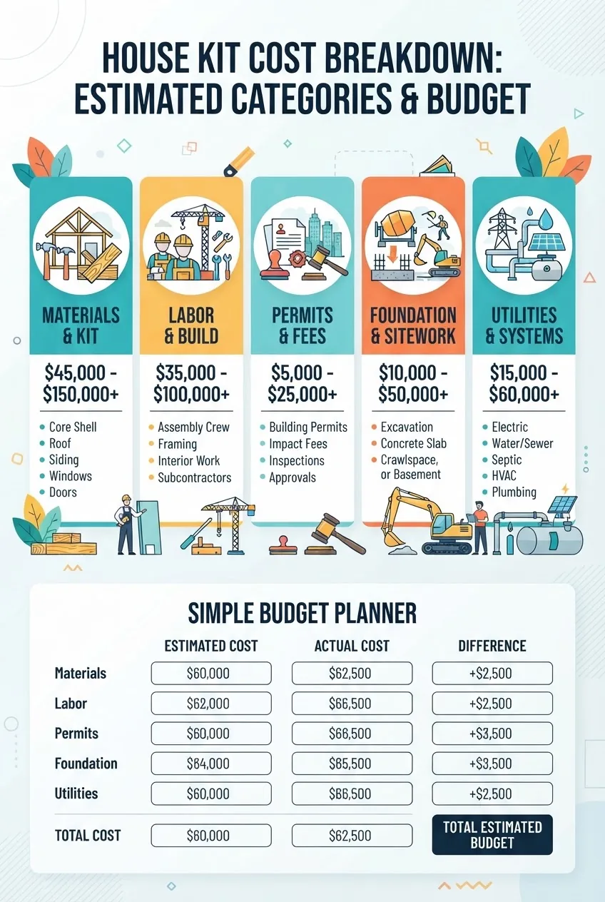 breaks down house kit costs into categories: materials, labor, permits, foundation, utilities with icons for each category, showing average