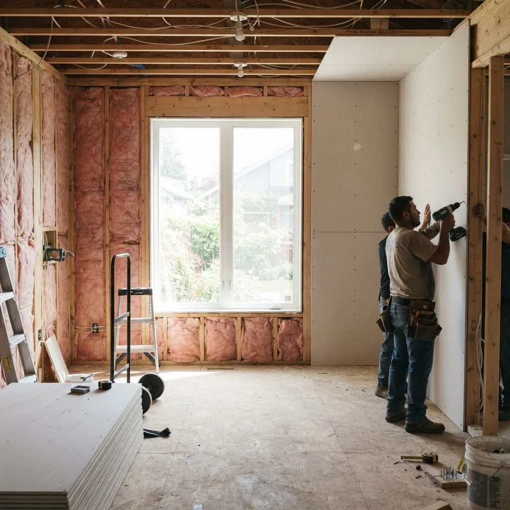 Interior shot of a partially completed room with insulation installed in walls, drywall sheets being attached, and natural light coming