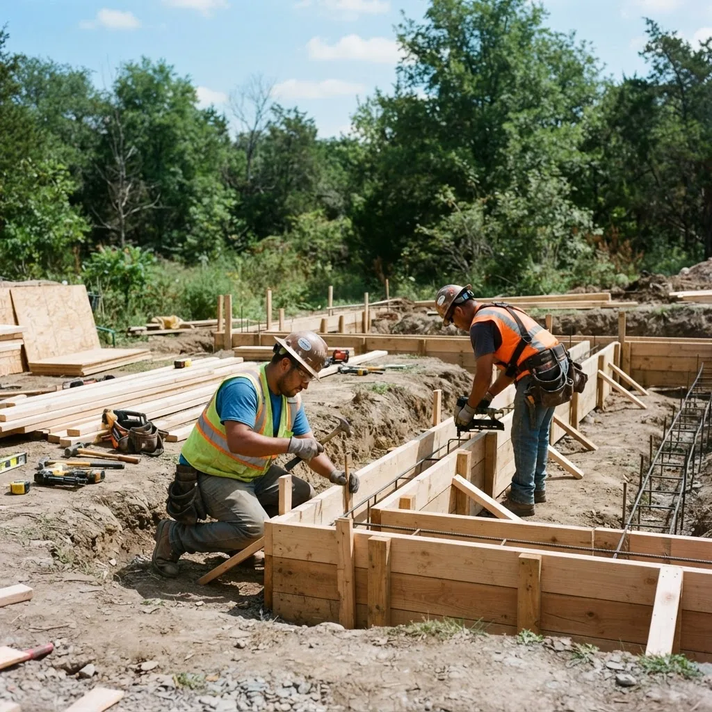 A close-up daytime photograph of workers constructing a wooden frame for a house foundation on a clear day, with tools and lumber visible,