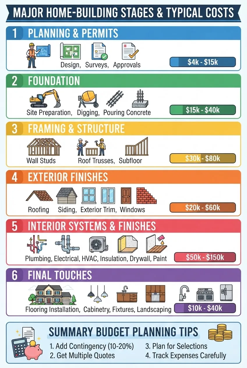 A clean vertical infographic divided into six sections representing major home-building stages (Planning, Foundation, Framing, Exterior,