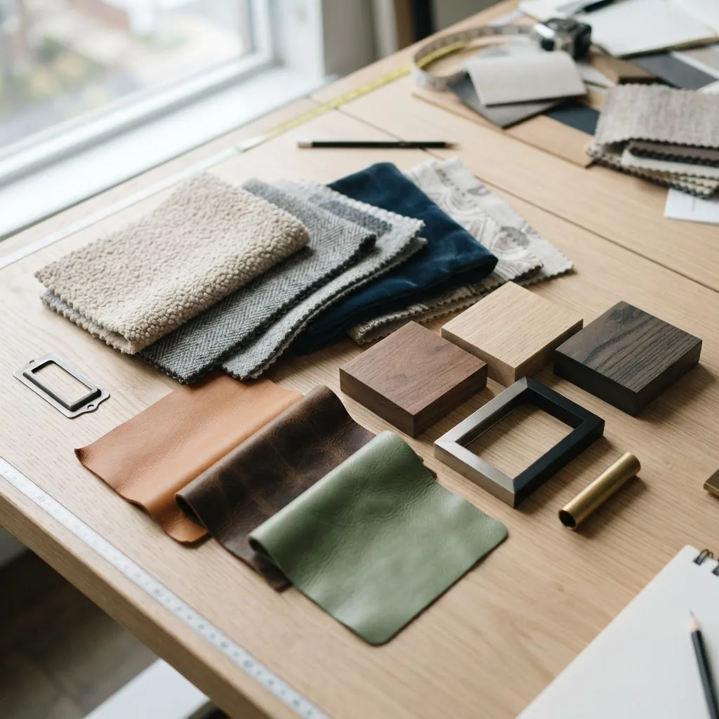 Close-up of different furniture material samples displayed together: swatches of fabric, leather, wood finishes, and metal frames arranged