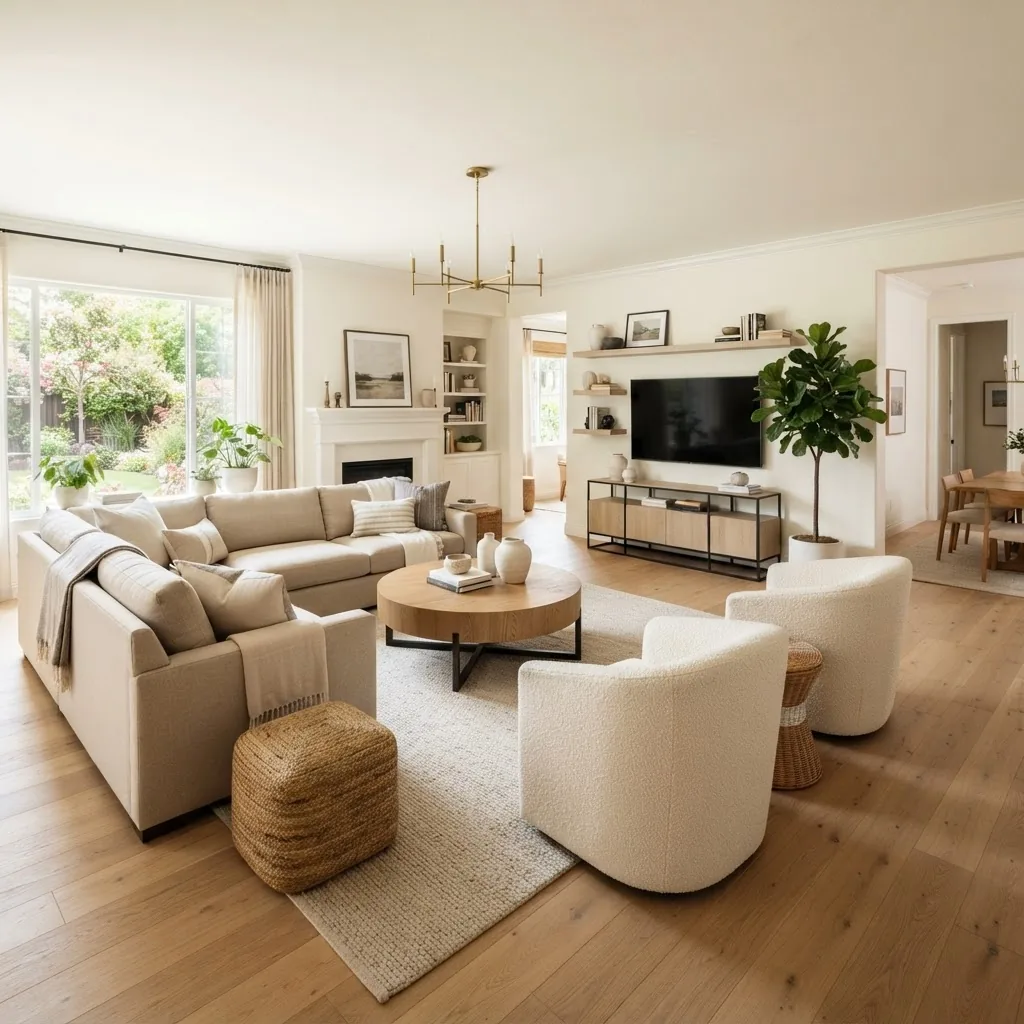 A bright, well-lit living room showcasing a variety of furniture types including a sectional sofa, accent chairs, a coffee table, and a